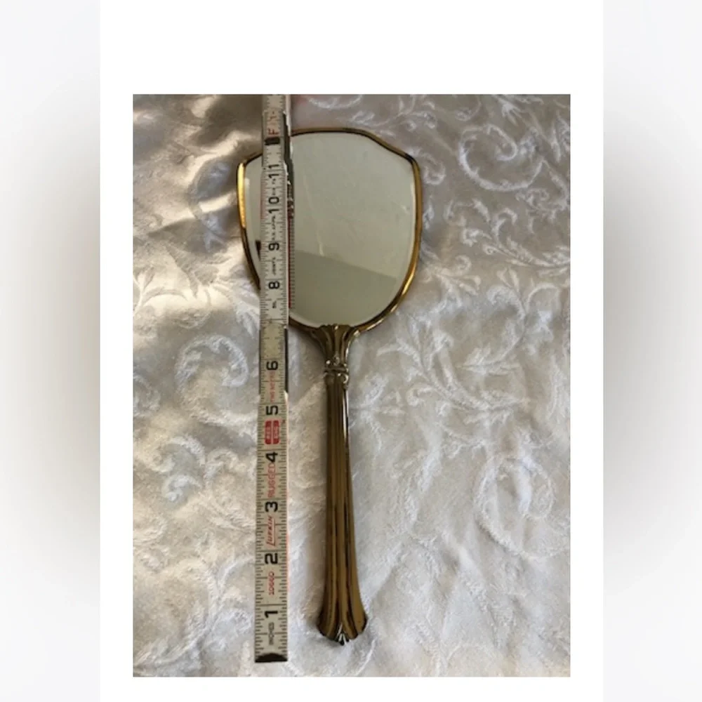 Vintage Handheld Tarnished Mirror GemLite Gold Toned Comb Art Deco Cosplay